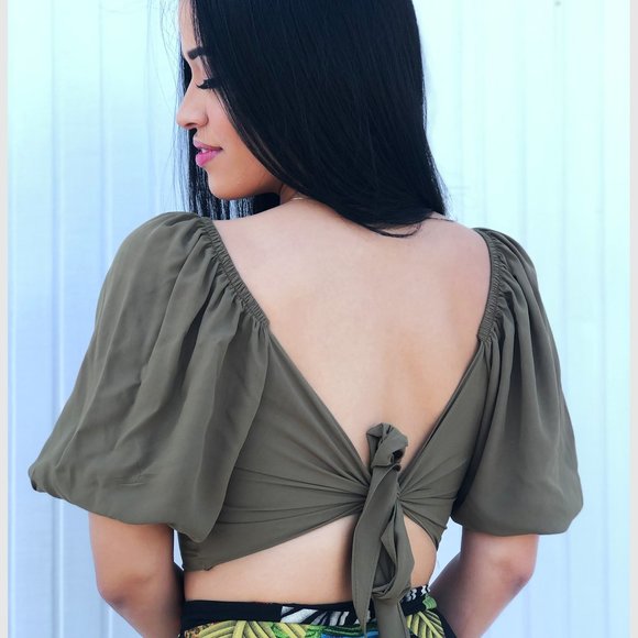 WOMENS TIE-BACK PRINCESS PUFF SLEEVE BRAZILIAN TOP - Picture 2 of 2